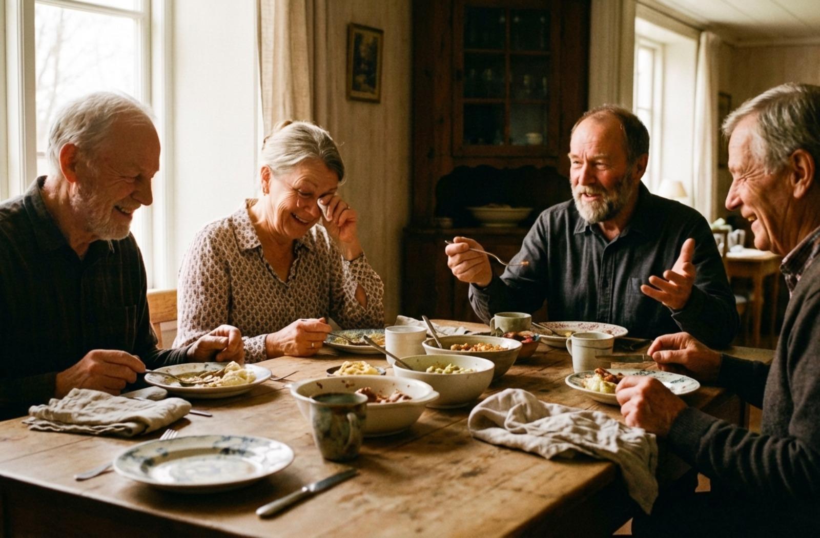 Four older adults laugh together while sharing a meal around a rustic wooden dining table in soft natural light.