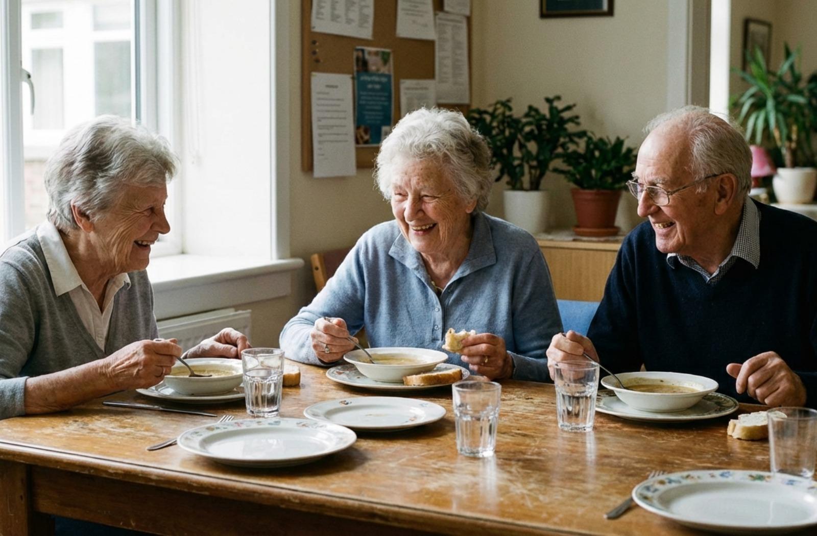 Three seniors sit at a wooden dining table in a facility, smiling and sharing a warm meal together.